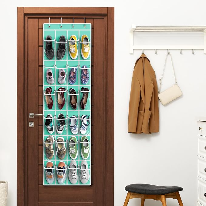 Simple Houseware 24 Pockets Clear Over the Door Shoe Organizer, Turquoise | 64" - Image 6
