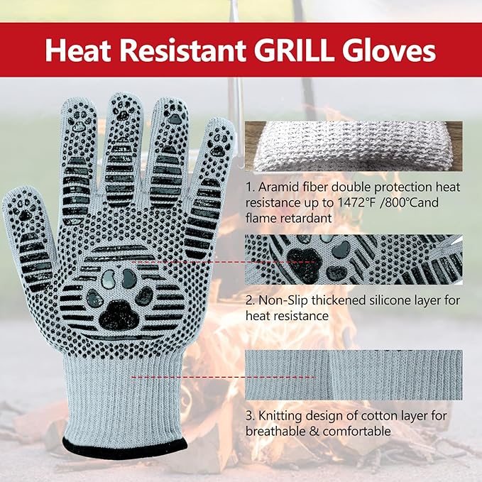 UBeesize BBQ Gloves (Bear Paw), 1472°F Heat Resistant Grill Gloves, Fireproof Oven Gloves for Cooking, Non-Slip Fire Glove for Grilling, Barbecue, Smoker, Baking, Frying
