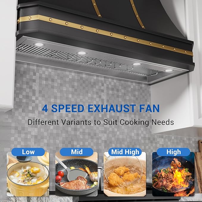 48-inch Range Hood Insert with Inline Remote Blower, CT Copper Tailor 1260CFM Kitchen Vent Hood, 4-Speed Exhaust Fan, 4 LED Lights, 8" Round Ducted,Baffle Filters, in Stainless Steel