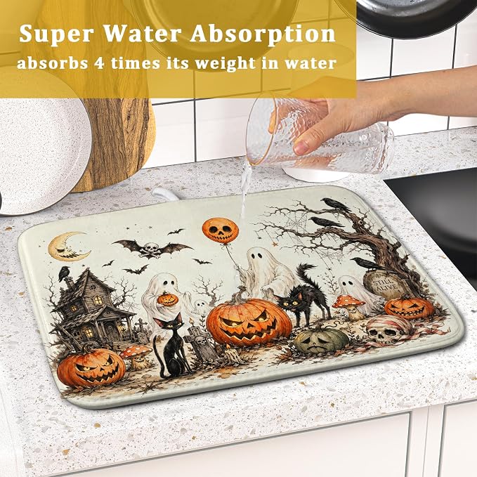 Giwawa Halloween Pumpkin Ghost Dish Drying Mat Black Cat Microfiber Dishes Pad - Image 7