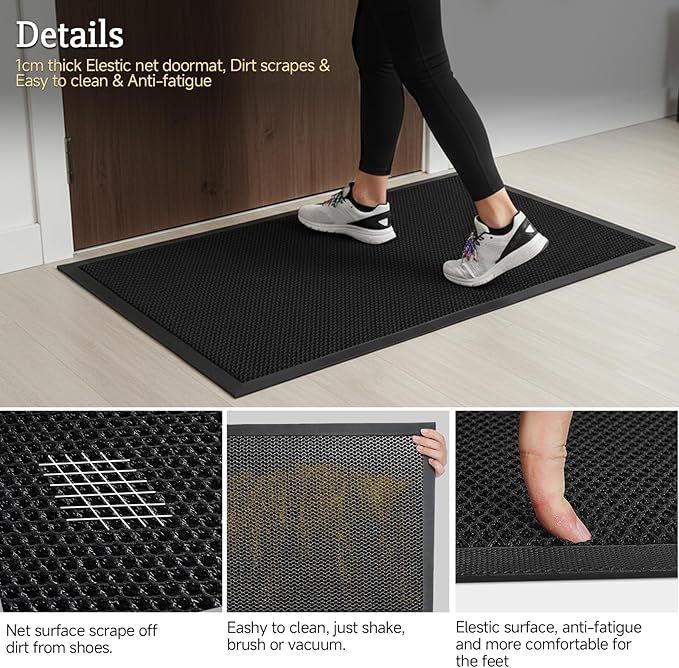 3'x 5' Elestic Net Entry Mat Outside Entrance. High Traffic Guard Dirt Trapper Doormat with Rubber Backing, Upgraded Commercial Front Door Mat for Entryway(Jet Black)