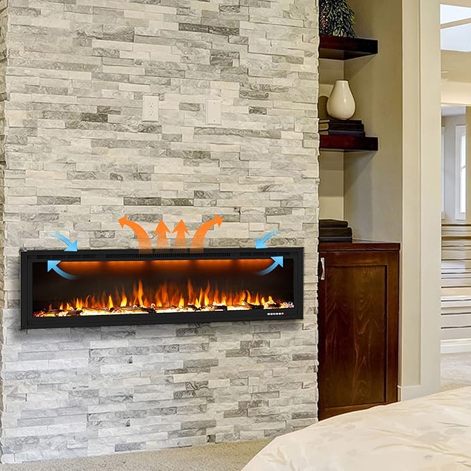 86 inch Electric Fireplace, Smart Fireplace Insert recessed in Wall and Wall Mounted fire Place Heater with Metal Frame, Multicolor Flame & Realistic logs，Thermostat& Timer, 1500W, Black