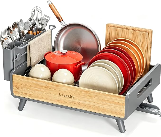 Urackify Modern Dish Rack for Kitchen Counter, Stainless Steel & Bamboo by Urackify
