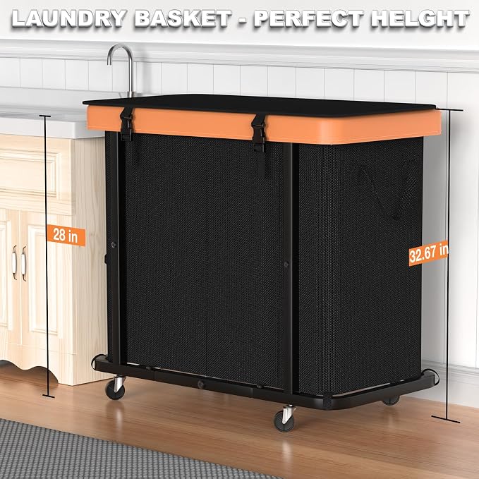 Laundry Basket with Wheels, 230L Leather Patchwork Laundry Sorter 3 Section - Image 5