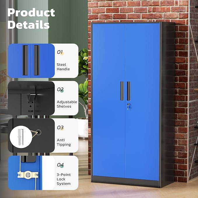 Greenvelly Metal Garage Storage Cabinet with 2 Doors and 4 Adjustable Shelves, 72" H Lockable Storage Cabinet,Tall Metal Cabinet Locking File Cabinet for Office,Home, Garage, Gym, School