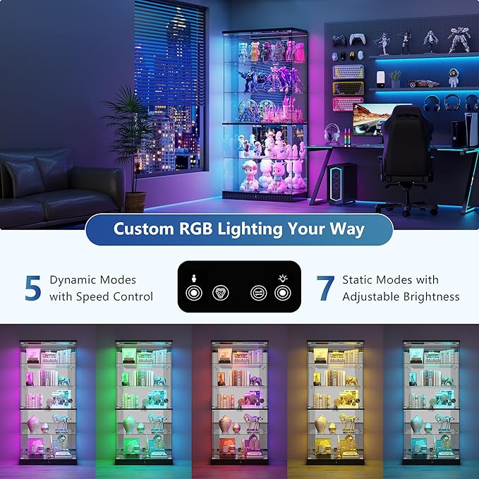 Glass Display Cabinet with RGB Lights - 5-Tiers Curio Cabinet Display Case with Lock, Frameless Tall Showcase Display Shelf for Collectibles & Legos, Living Room Bookcase Storage Cabinet (Black)