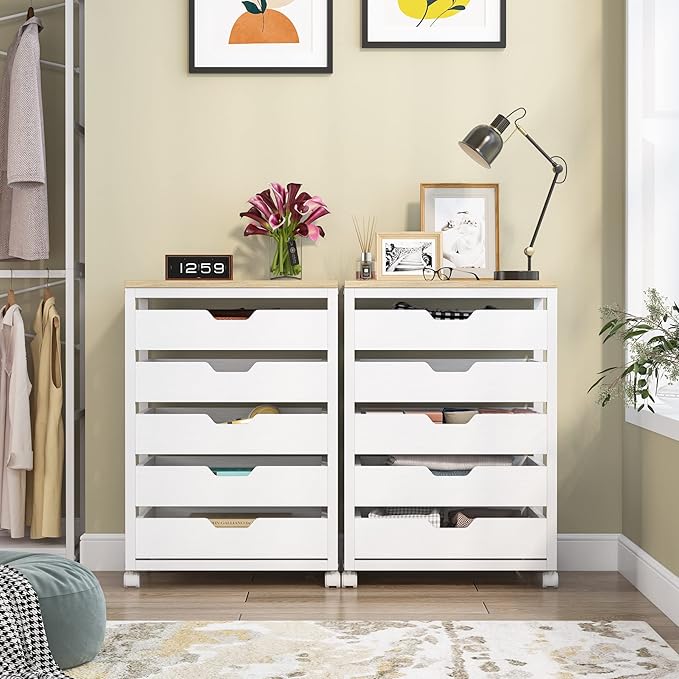 Tribesigns 5 Drawer Chest, Wood Storage Dresser Cabinet with Wheels, Industrial Storage Drawer Organizer Cart for Office Bedroom Entryway (White, 1 PC)