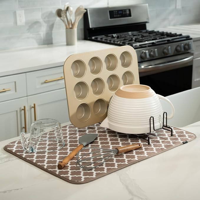 S&T INC. Dish Drying Mat, Tan Trellis | Absorbent Microfiber, Extra Large - Image 2