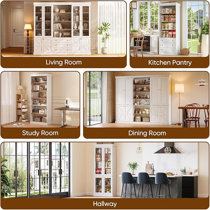 70.8" Tall Farmhouse Kitchen Pantry Cabinet with Doors, Modular Storage Cabinet with 4-Tier Adjustable Shelves, White, Wooden Hutch for Living Room, Kitchen, Set of 2