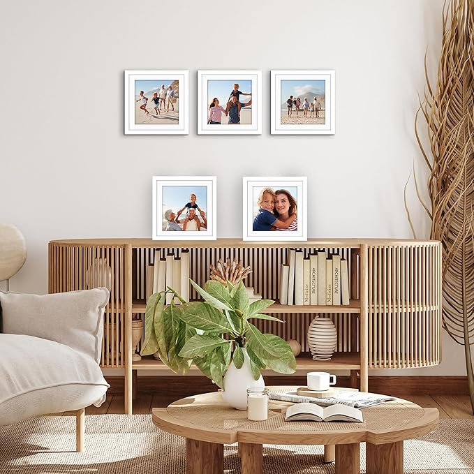Americanflat 10x10 Picture Frame with Polished Plexiglass - Set of 5 - Use as 8x8 Frame with Mat or Display 10x10 Photo Without Mat - Galleria Collection - Square Frames or Tabletop and Wall - White