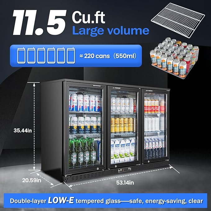 Back Bar Cooler with 3 Glass Doors Under Counter Commercial Beverage Refrigerator 11.5 Cu.ft. ETL Black Drink Fridges for Beer, Wine,Soda, Drinks
