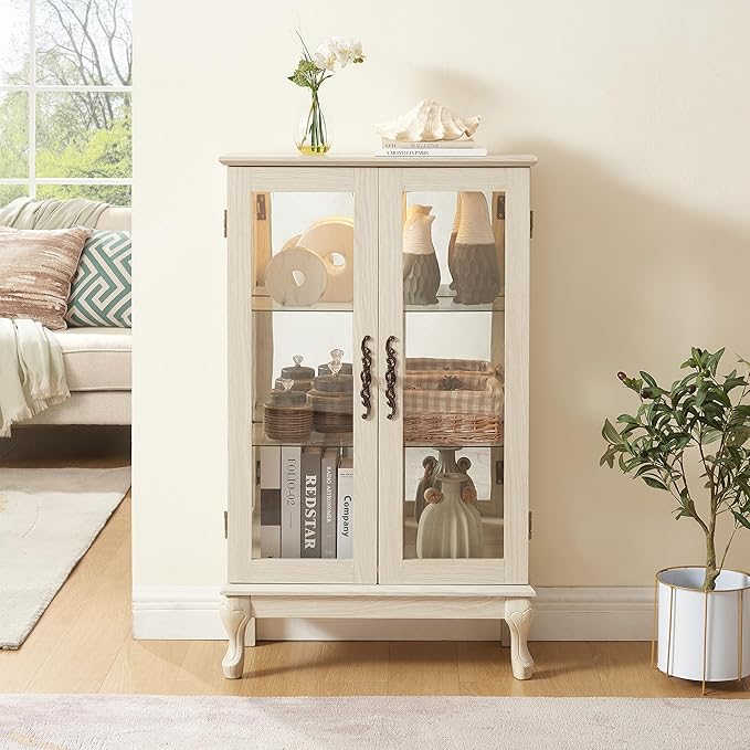 43" H Lighted Curio Cabinet Display Case, Glass Curio Cabinet with Adjustable Shelves & Tempered Glass Door, Wooden Cabinets with Mirrored Back Pane for Living Room (Antique White)