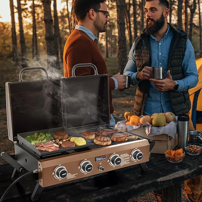 GD4002TPY Portable Tabletop Grill & Griddle Combo with Hood, 4-Burner Portable Propane Gas Grill Griddle Combo for Backyard, Camping, Picnicking and Tailgating, 40,000 BTU, Bronze Gold