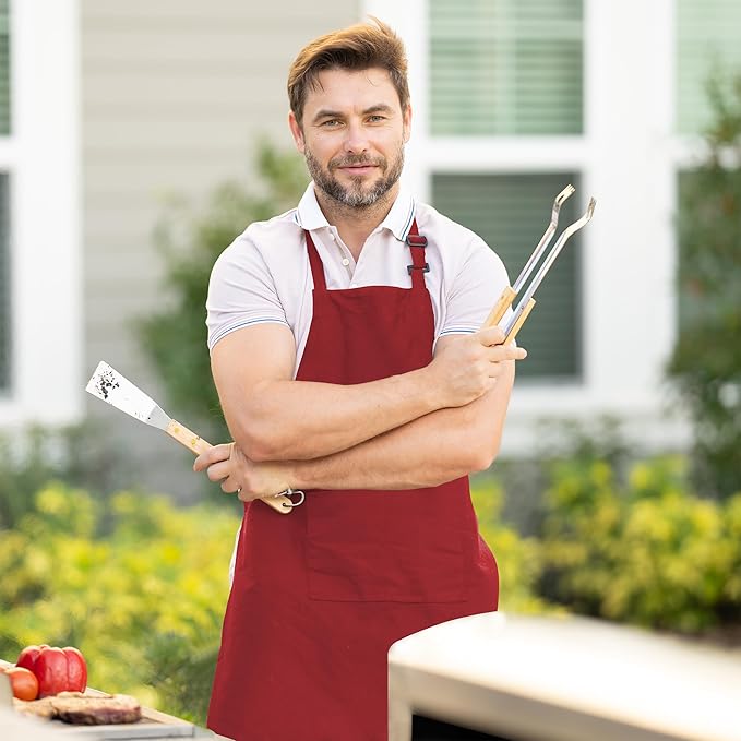 Adjustable Bib Apron 100% Polyester Kitchen Aprons Waterdrop Resistant Aprons with Adjustable Strap, Pockets & Long Ties