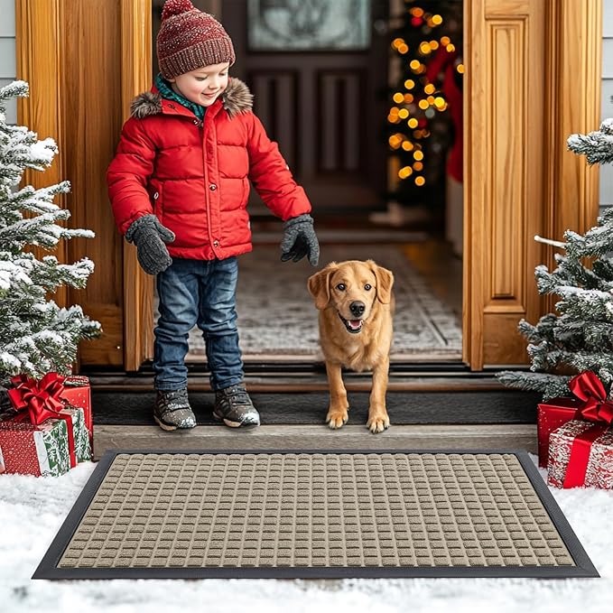 Smiry Front Door Mat Outside Entrance, Heavy Duty Natural Rubber Doormat, Non Slip, Trap Dirt and Moisture, Easy Clean, Low Profile Welcome Floor Mats for Indoor Outdoor Entry, 59x34 Inch, Beige