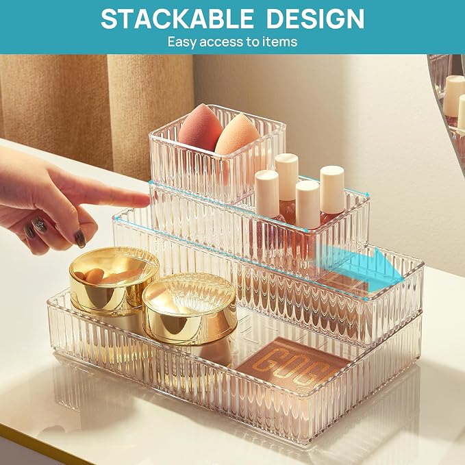 Vtopmart 7 PCS Clear Makeup Drawer Organizers Bins, 4-Size Stackable Makeup and - Image 2