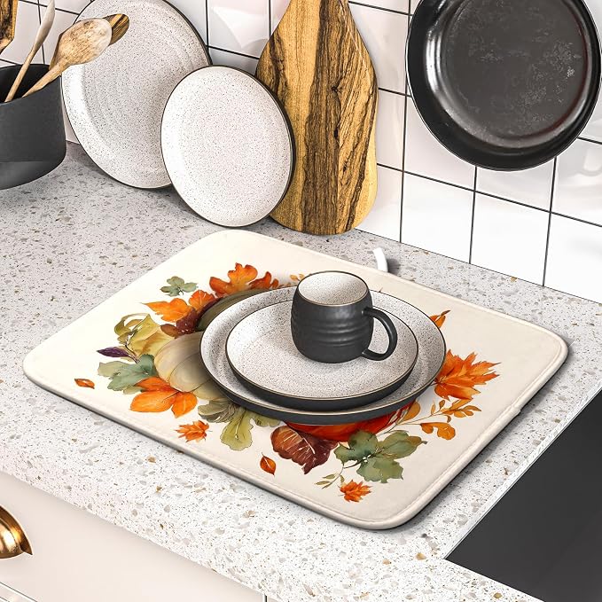 Giwawa Fall Pumpkin Dish Drying Mat Autumn Leaves Absorbent Dishes Pad 16x18 - Image 5