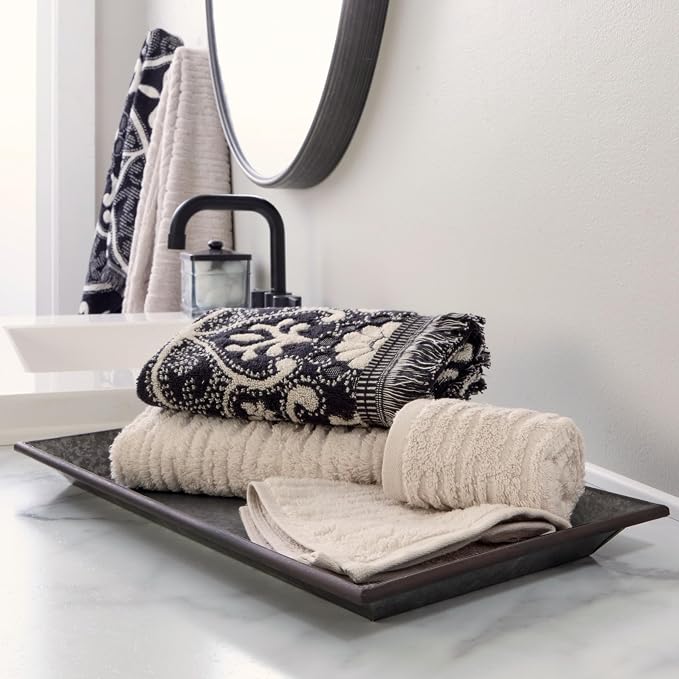 SKL Home CloudSoft/Amherst Medallion Bath Towel Set-6pc, Oatmeal/Black | 2 Bath - Image 8