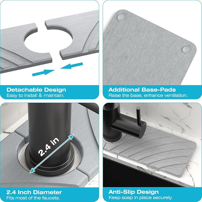 SpaceHacks Stone Faucet Mat for Kitchen Sink 15.7x4 in, Light Gray | Fast - Image 5