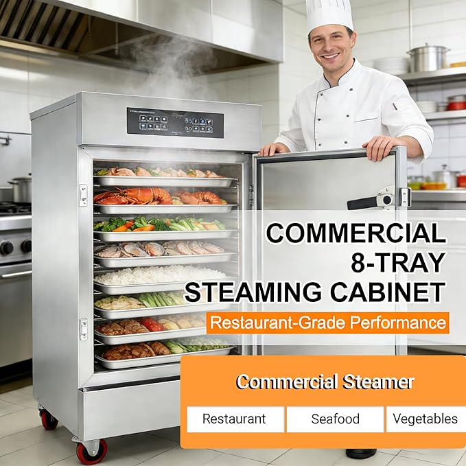 Commercial Electric Steaming Cabinet 8 Trays Intelligent Food Steamer Stainless Steel with Timer Appointment, Auto Water Refill, Anti-Dry for Restaurant/Canteen/Hotel Kitchen 220V 9KW 1PH