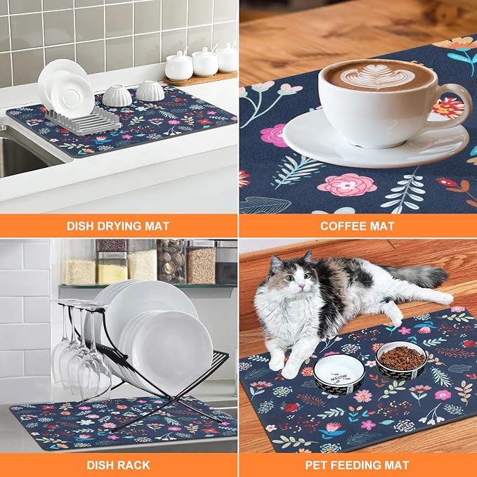 LOKHOM 18"x24" Dish Drying Mat，Colorful Floral Coffee Mat Blue | Colorful - Image 5
