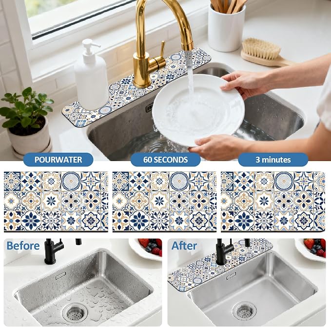 2 Pcs Kitchen Sink Splash Guard Faucet Mat Blue-toned Tile Faucet Mat - Image 5