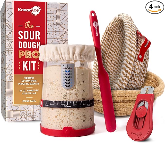 KneadAce Sourdough Starter Kit – 34oz Starter Jar, 2 Round Banneton Proofing Baskets, Magnetic Bread Lame for Scoring – Gift for Bakers & Complete Sourdough Bread Baking Set