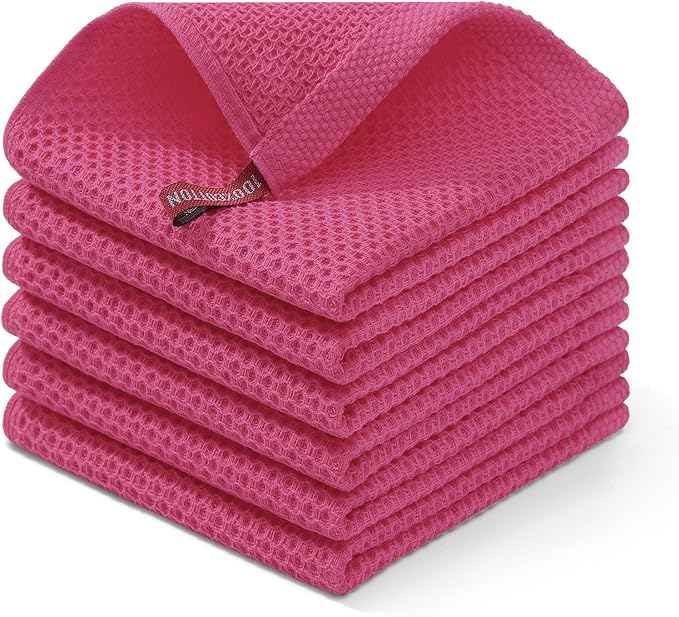 Homaxy 100% Cotton Waffle Weave Kitchen Dish Cloths 6-Pack, Hot Pink | 12 x 12 by Homaxy