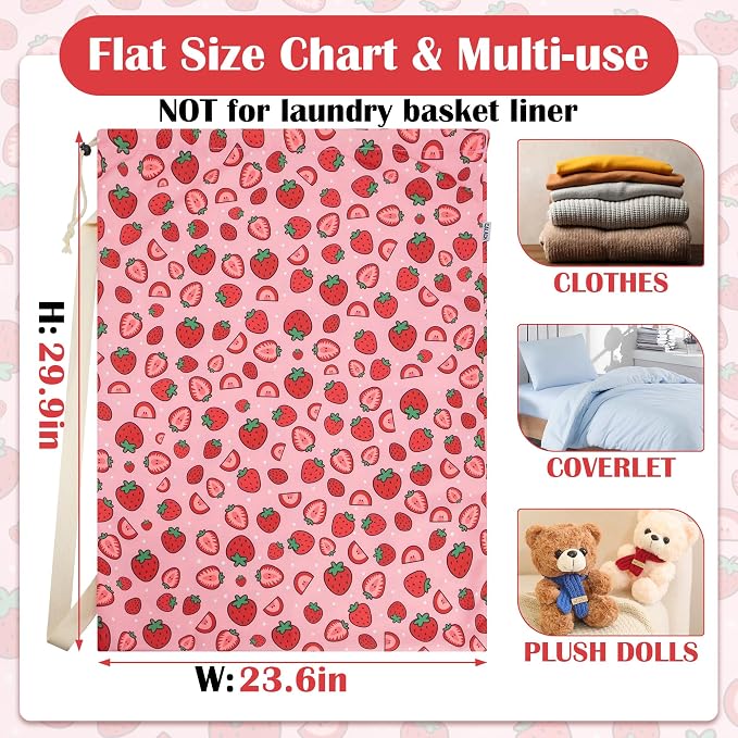 Canvas Laundry Bag with Shoulder Strap Drawstring, Strawberry - Image 2