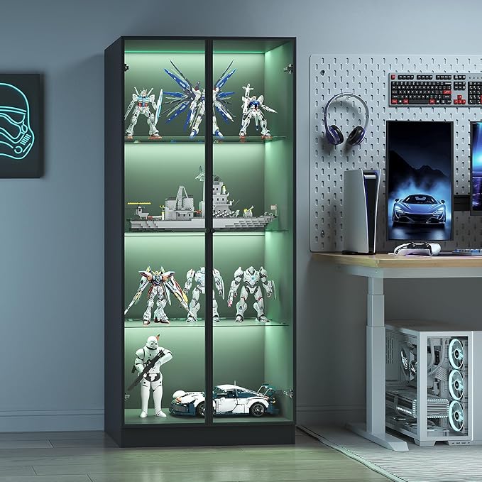 Display Cabinet with LED Lights - Set of 2, Glass Display Case with 3 Adjustable Shelves, Curio Cabinet with 2 Glass Doors, Storage for Collectibles, Living Room
