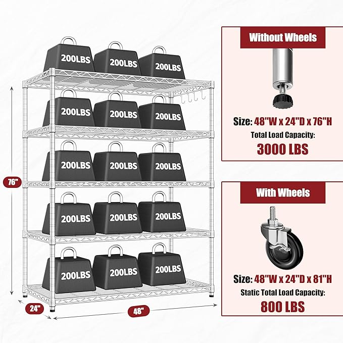 PrimeZone 5 Tier 48" Wx24''Dx81''H Wire Shelving with Wheels 3000lbs NSF Certified Storage Shelves Heavy Duty Metal Shelf Adjustable Rolling Rack Commercial Garage Restaurant Warehouse Kitchen Chrome