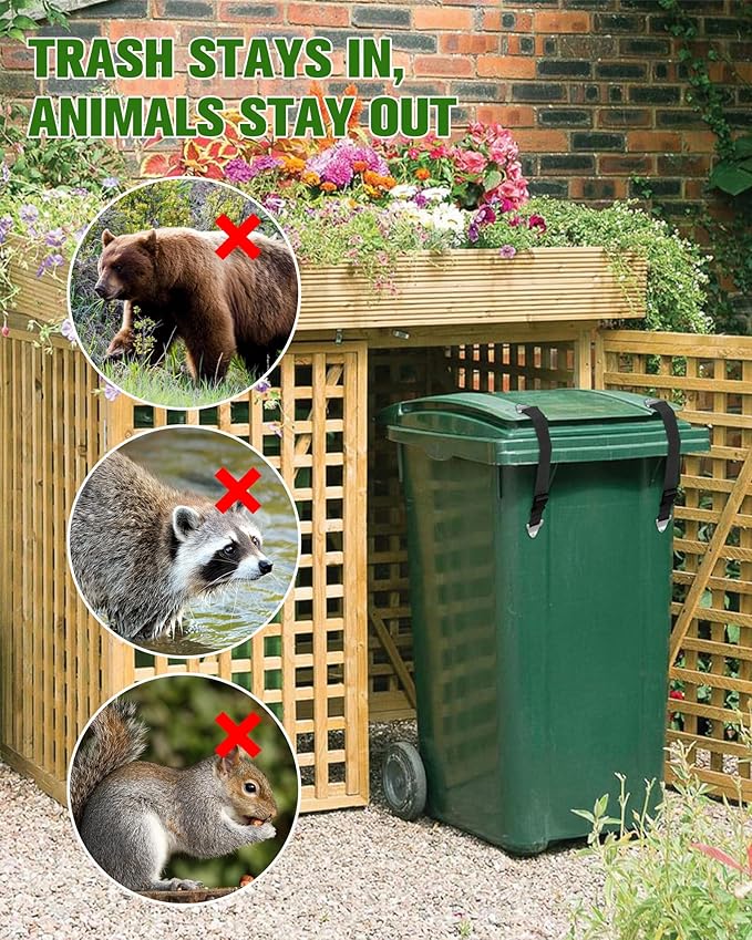 Bear Proof Trash Can Lock, Adjustable Garbage Can Straps with Lid Lock, Animal Proof Trash Can Locks for Bears, Raccoons, Critters, Outdoor Trash Can Enclosure, Black