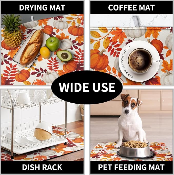 Fall Dish Drying Mat for Kitchen Counter Autumn Orange White Pumpkin Maple - Image 7