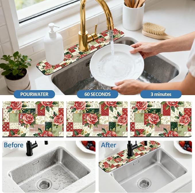 2 Pcs Kitchen Sink Splash Guard Faucet Mat Patchwork Flowers Faucet Mat - Image 5
