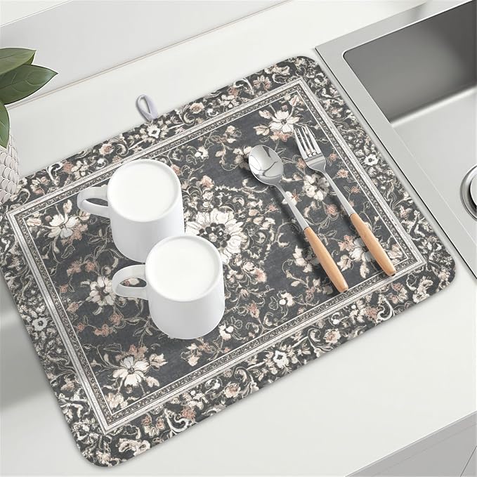 Giwawa Boho Floral Dish Drying Mat Grey Leaves Dishes Drainer Pad 18x24 Inch - Image 8