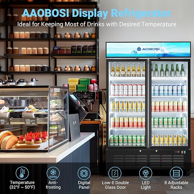 AAOBOSI 50" Wide Commercial Merchandiser Refrigerator,36.8 Cu.Ft Glass Door Display Refrigerator,Upright Beverage Fridge with Soft LED Light,Customizable Lightbox,Universal Casters, Adjustable Shelves