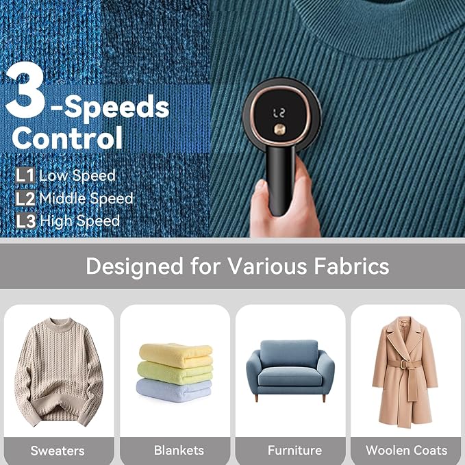 Rechargeable Fabric Shaver, 6-Leaf Blades, LED Display, 3 Speeds | Portable - Image 3