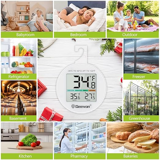 Geevon Small Digital Refrigerator Thermometer 3 Pack, IP65 Waterproof Commercial and Home Use, Max/Min Record Function with LCD Screen, Stand and Magnetic Back, for Fridge, Freezer Scenarios