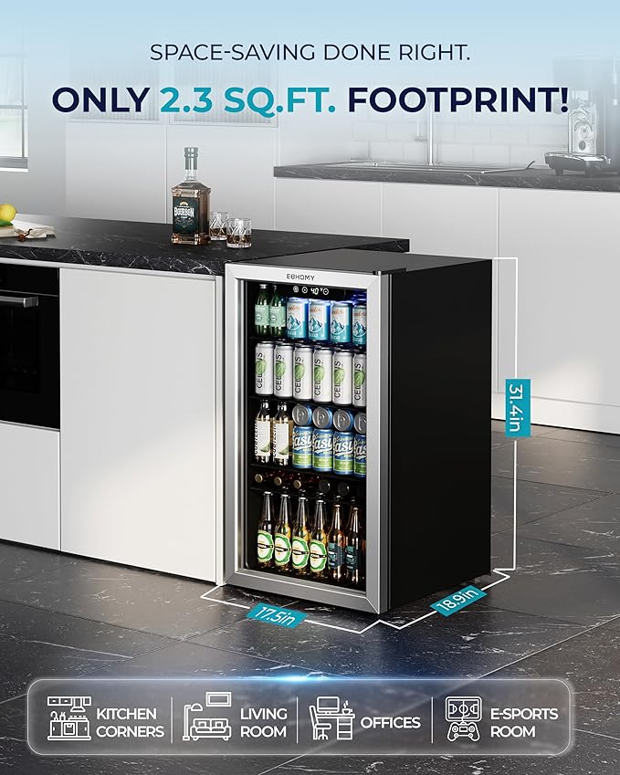EUHOMY Beverage Refrigerator and Cooler, 128 Can Mini fridge with Glass Door, Small Refrigerator with Adjustable Shelves for Soda Beer or Wine, Perfect for Home/Bar/Office, Silver