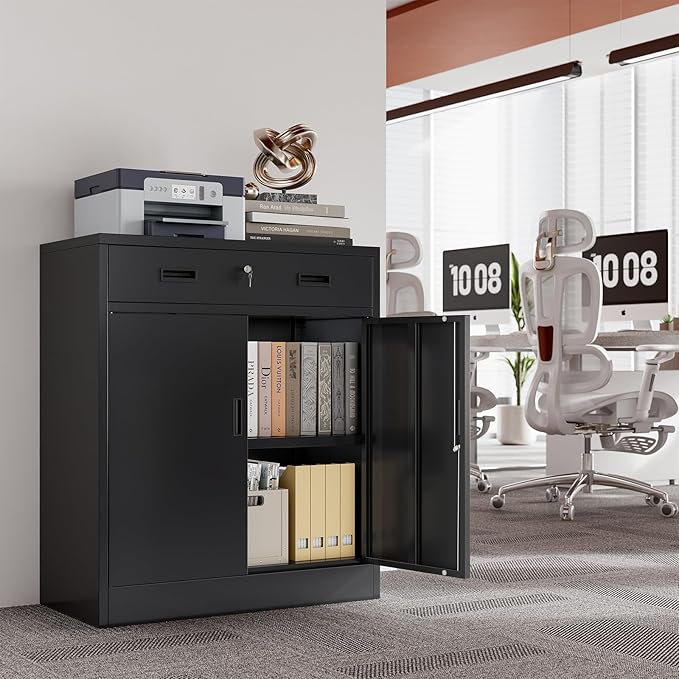 CJF Metal Storage Cabinet, Locking Storage Cabinet with Doors and 1 Drawer, 36" H x 28" W x 16" D Metal Cabinets for Office/Home/Garage -Black