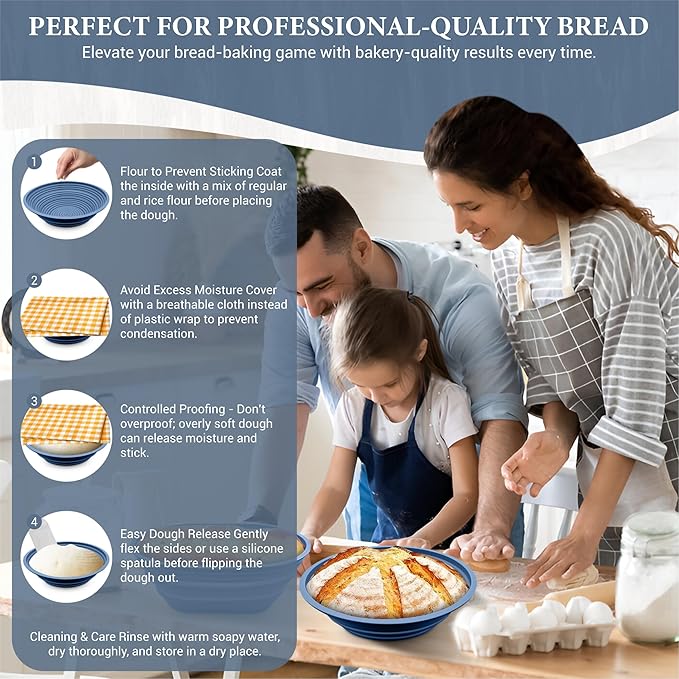 Premium Foldable Silicone Sourdough Banneton Basket | Bread Proofing & Baking Basket Set - Includes Oval & Round Bowls (9.5 Inch) - Oven & Dishwasher Safe, Gifts for Bakers - Blue