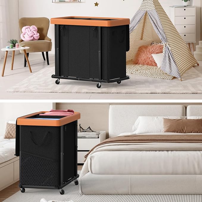 Laundry Basket with Wheels, 230L Leather Patchwork Laundry Sorter 3 Section - Image 7