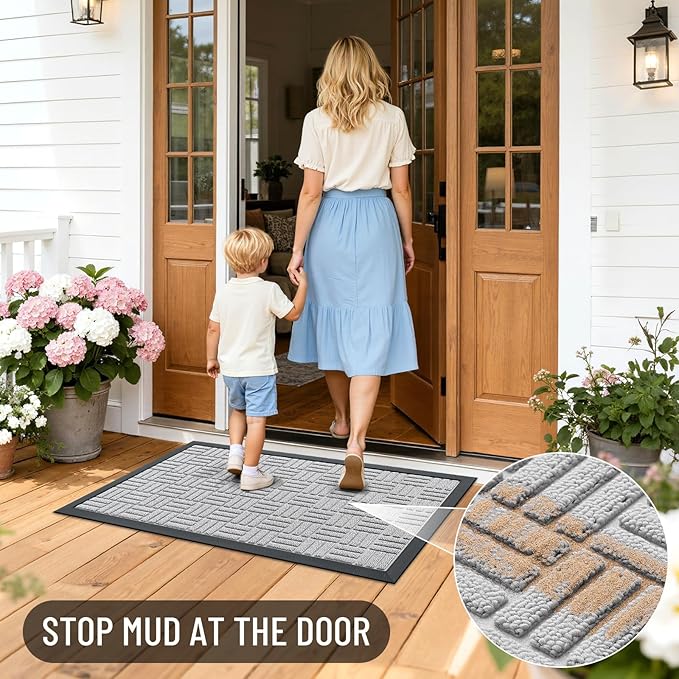 OLANLY Front Door Mat Outside Entrance 47x32, Absorbent, Heavy Duty Sturdy Natural Rubber Doormat Indoor Outdoor, Non-Slip, Stain and Fade Resistant, Low Profile Floor Mat for Entryway, Light Gray
