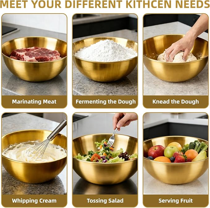 3-Piece Stainless Steel Golden Mixing Bowls (7.1") Metal Bowl with Measurement Marks, Dishwasher Safe & Stackable - Perfect for Baking, Salad Making, Meal Prep and Kitchen Use