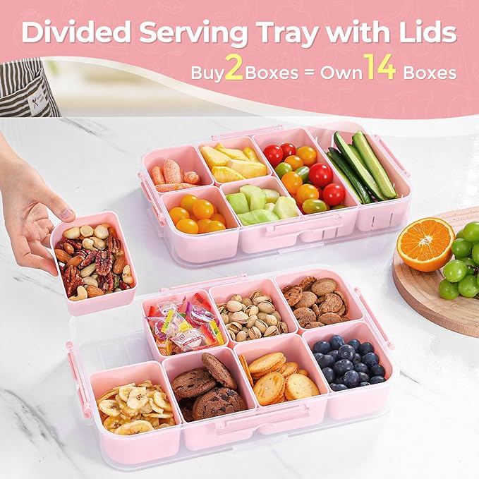 LUXEAR 2Pack 8-Compartment Divided Serving Tray with Lid and Handle - Airtight Leakproof Snackle Box Charcuterie Container for Fridge, Picnic, Party, Travel - BPA-Free Dishwasher Safe(Pink)