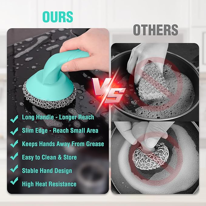 HAUSHOF Cast Iron Scrubber with Long Handle, Chainmail Scrubber Cast Iron Cleaner for Pan, Kitchen Cleaning Kit for Grill, Dutch, Oven