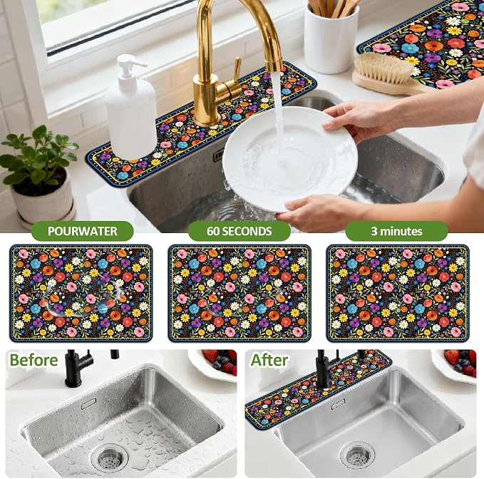 3 Pcs 2 Size Kitchen Sink Splash Guard Faucet Mat Bohemian Flowers Pattern - Image 4