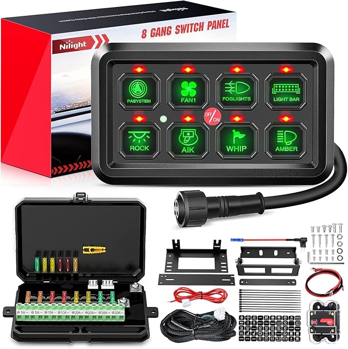 Nilight 8 Gang Switch Panel System Circuit Control Relay System Fuse Wiring Harness Automatic Dimmable ON Off LED Switch Pod for 12V Cars Trucks Campers SUV, 2 Years Warranty