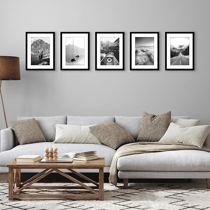 Americanflat 11x15 Picture Frame with Polished Plexiglass - Set of 5 - Use as 8x12 Frame with Mat or Display 11x15 Photo Without Mat - Galleria Collection - Picture Frames for Wall Display - Black