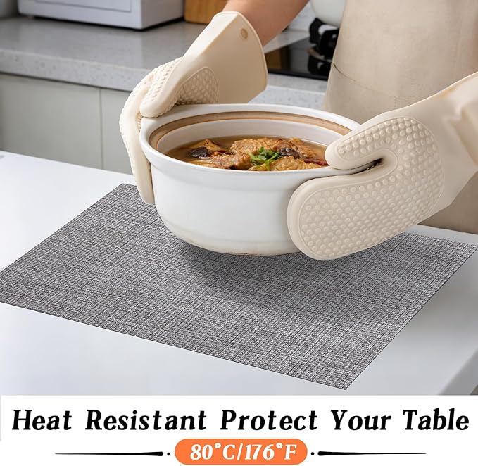 Timeet Placemats Set of 6, Heat Resistant Non-Slip Place Mats, Durable Washable PVC Vinyl Woven Table Mats, Linen Textured Table Placemats for Dining Kitchen Resistant Easy to Clean(Gray)
